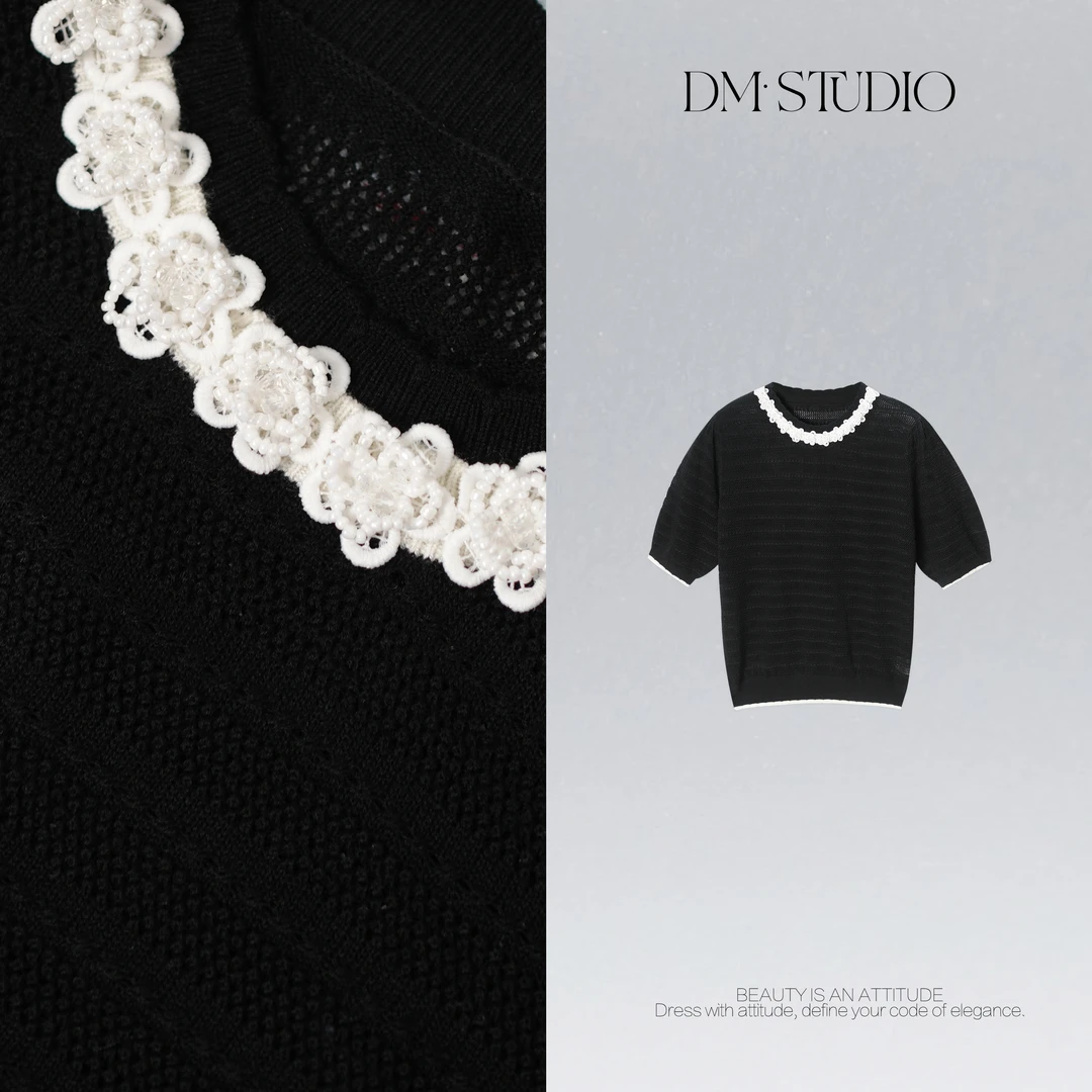 DEDM•STUDIO/气质精致减龄撞色花边圆领针织上衣2508ZZS/G28501-2