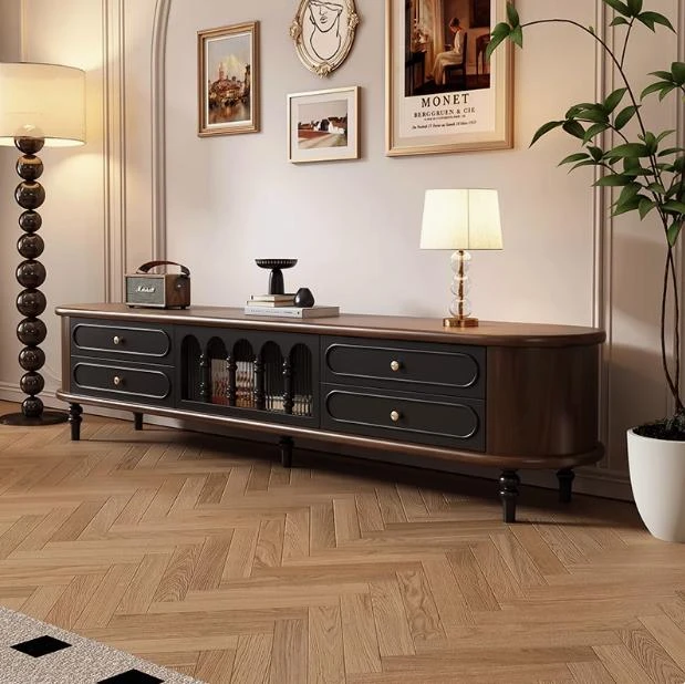 法式复古实木电视柜黑色美式客厅茶几电视机柜组合落地储物柜收纳