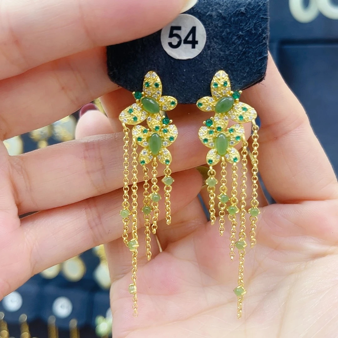 和田玉银S925镀金镶嵌耳饰