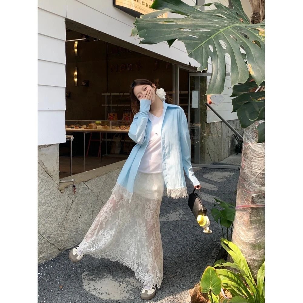 港风时尚气质防晒度假蕾丝拼接蓝色衬衫百搭打底内搭半身长裙套装