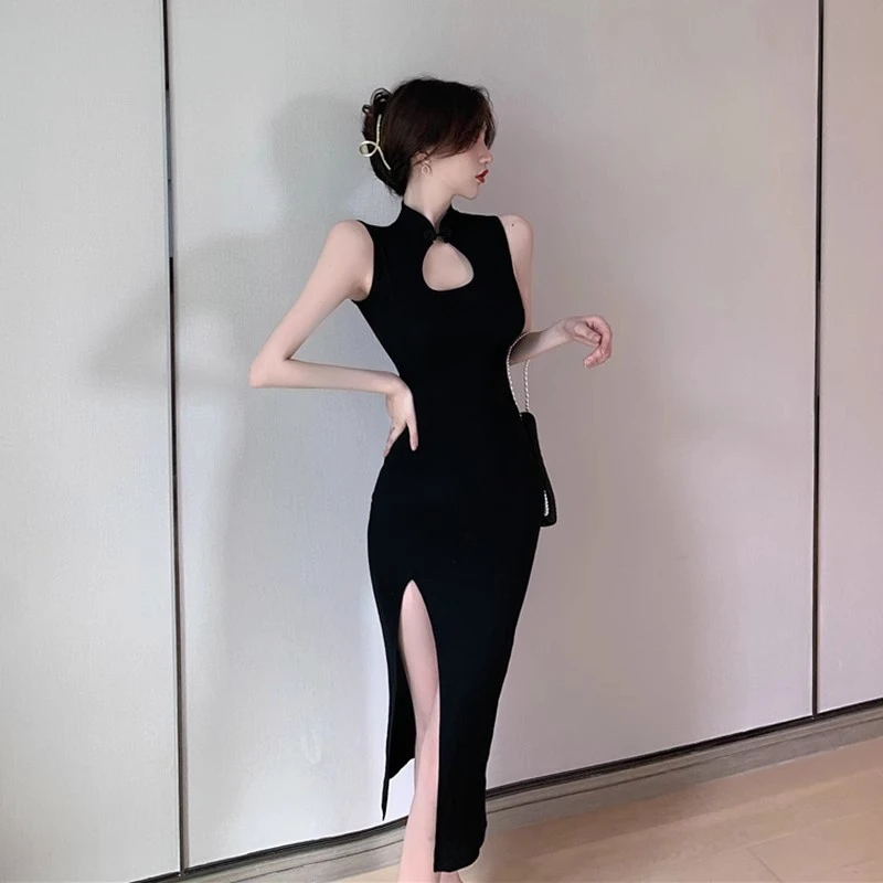 夏季新款性感镂空复古气质旗袍无袖长裙修身显瘦小黑裙连衣裙子女