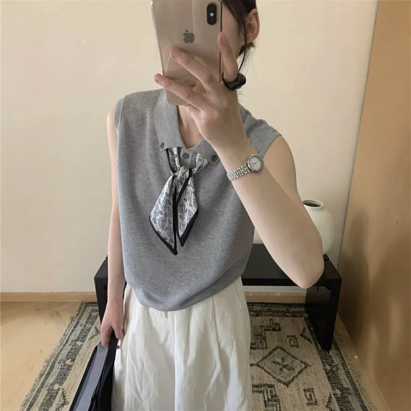韩版POLO衫翻领丝巾系带冰丝针织背心女夏季灰色无袖短款气质上衣