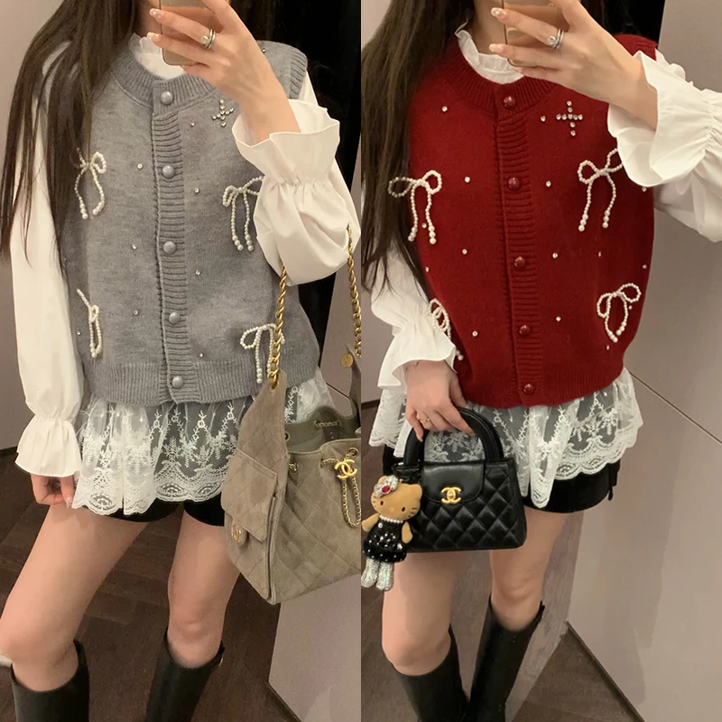 【mimius】&喵喵 蝴蝶结钉珠马甲+花边衬衫 汉服()F12312