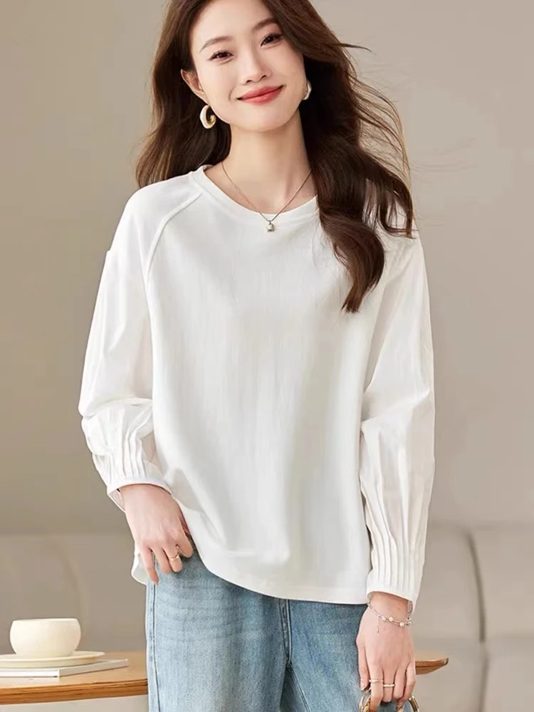 大码女春季衬衫袖拼接圆领简约长袖上衣T恤正肩打底衫