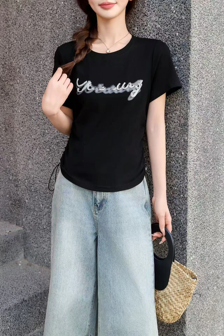 【2555】丰#休闲百搭字母抽绳修身上衣