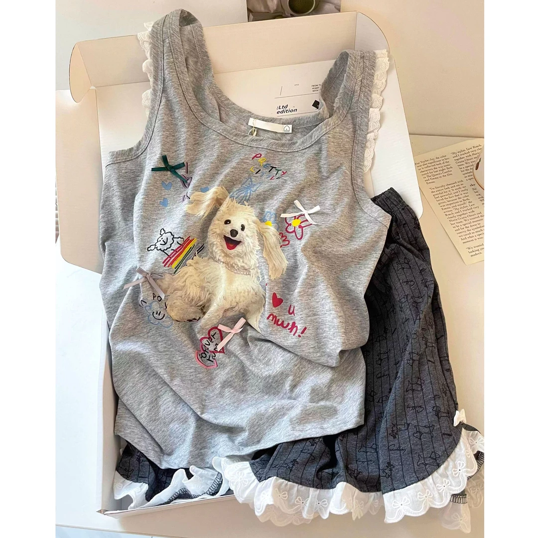 韩版可爱小狗印花无袖背心睡衣女夏季少女蕾丝花边短裤家居服套装