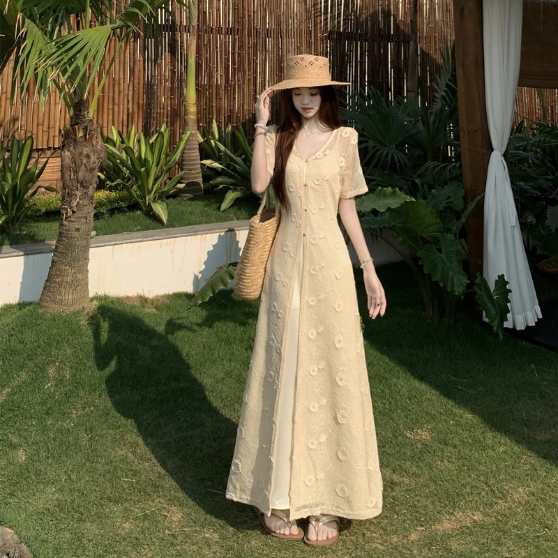 【小个子定制】夏季新中式穿搭独特绝美漂亮钩花镂空连衣裙两件套
