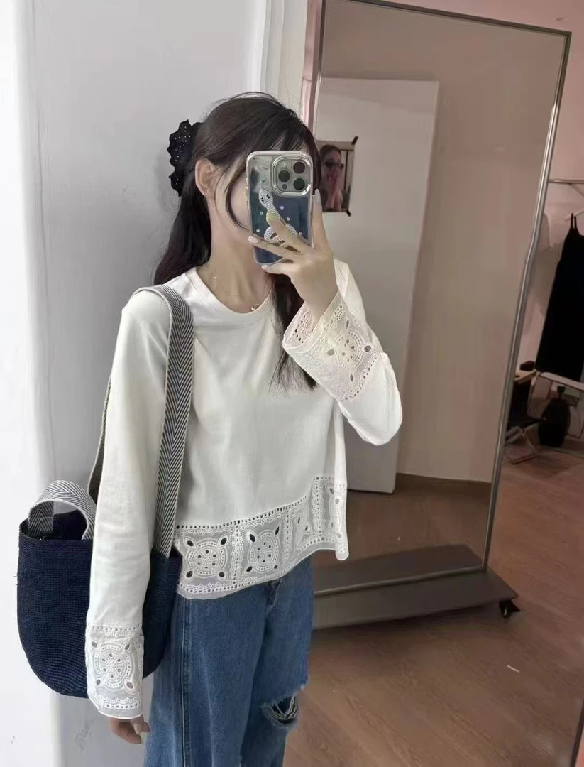 【婷姐家】5791欧货韩版刺绣镂空蕾丝拼接设计感圆领百搭