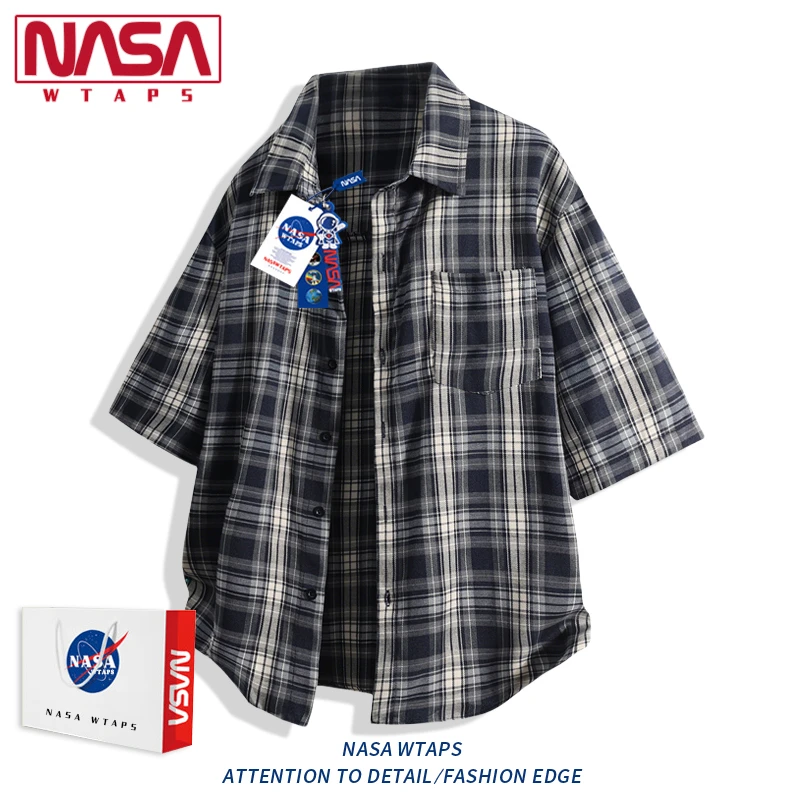 NASA WTAPS美式复古格子短袖衬衫男款夏季潮牌情侣翻领衬衣外套潮