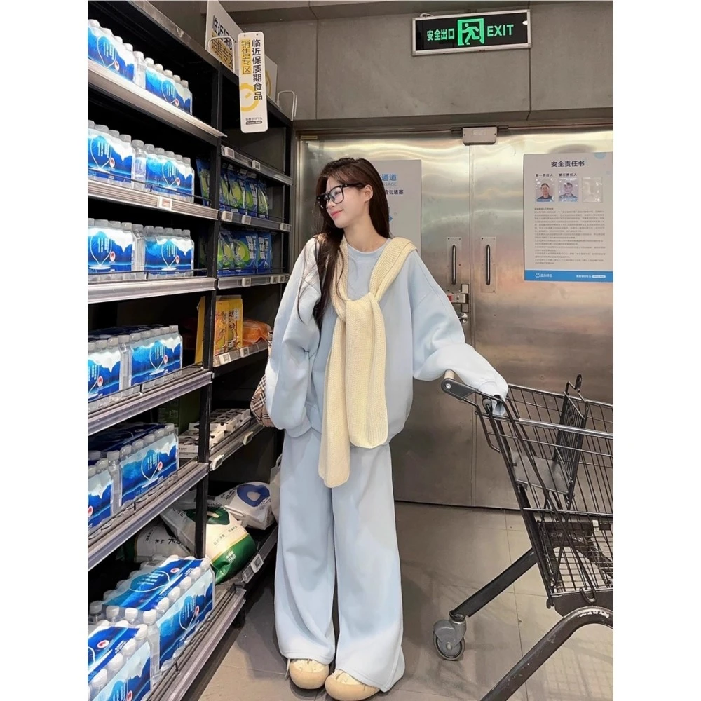 慵懒风套装条纹披肩撞色假两件卫衣女秋季拖地休闲裤运动裤三件套