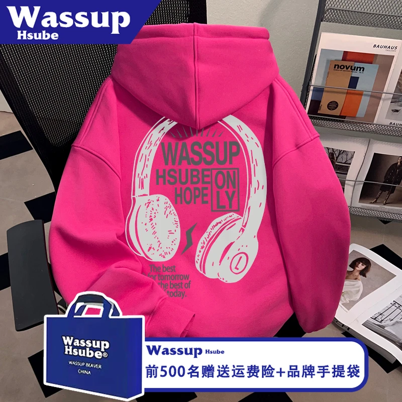 WASSUP HSUBE秋冬潮流耳机印花火龙果色上衣男女时髦连帽套头卫衣