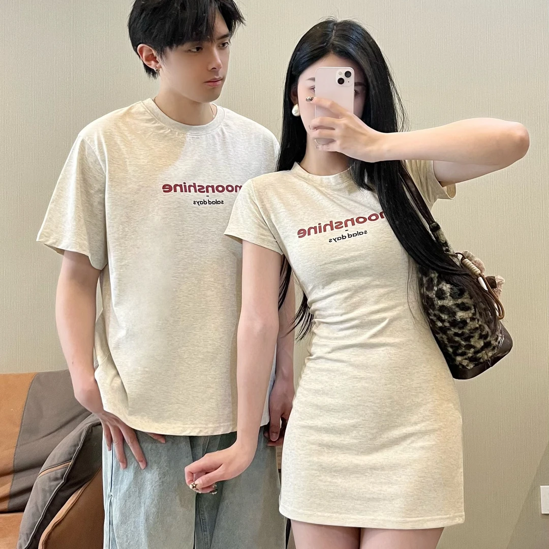 情侣装夏季圆领百搭显瘦T恤字母印花女连衣裙法式一裙一衣