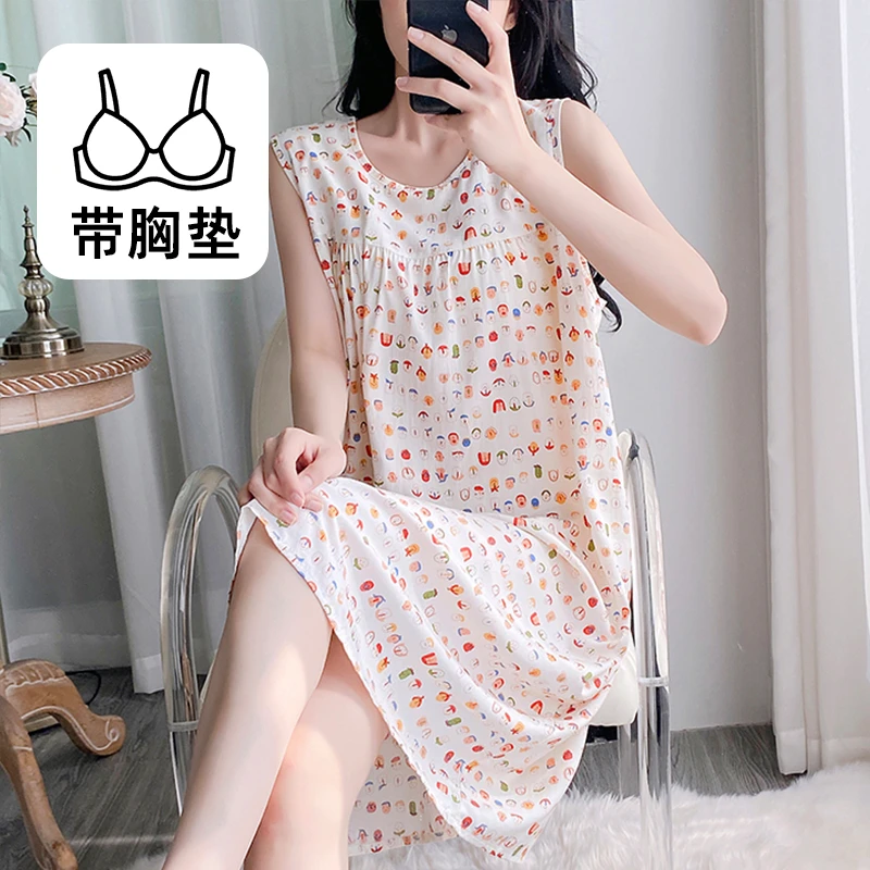 棉绸睡裙女夏天薄款无袖睡衣人造棉印花夏季女士胸垫款家居服