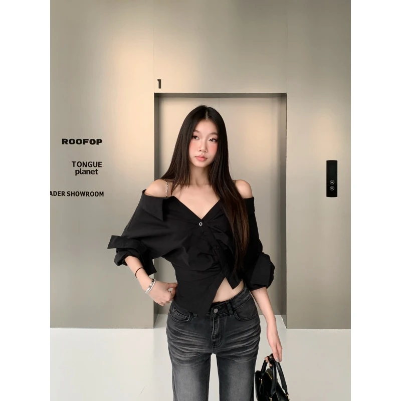 withmin凉皮 潮汐乐章 吊带露肩收腰小众设计感衬衫上衣女2524086