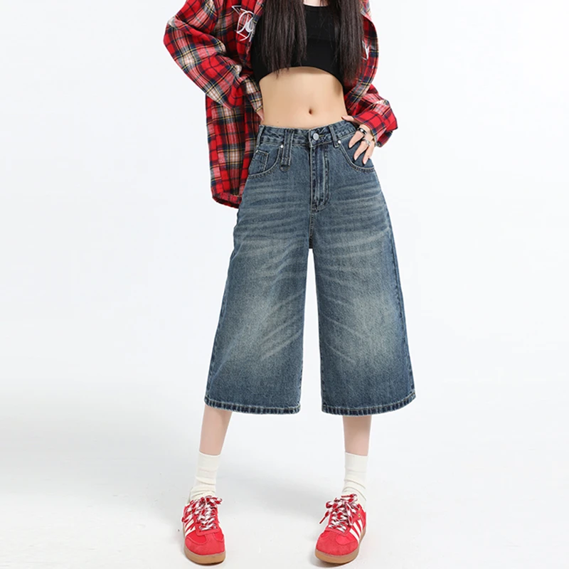 美式复古阔腿七分牛仔裤女夏季2025新款高街显瘦宽松垂感直筒中裤