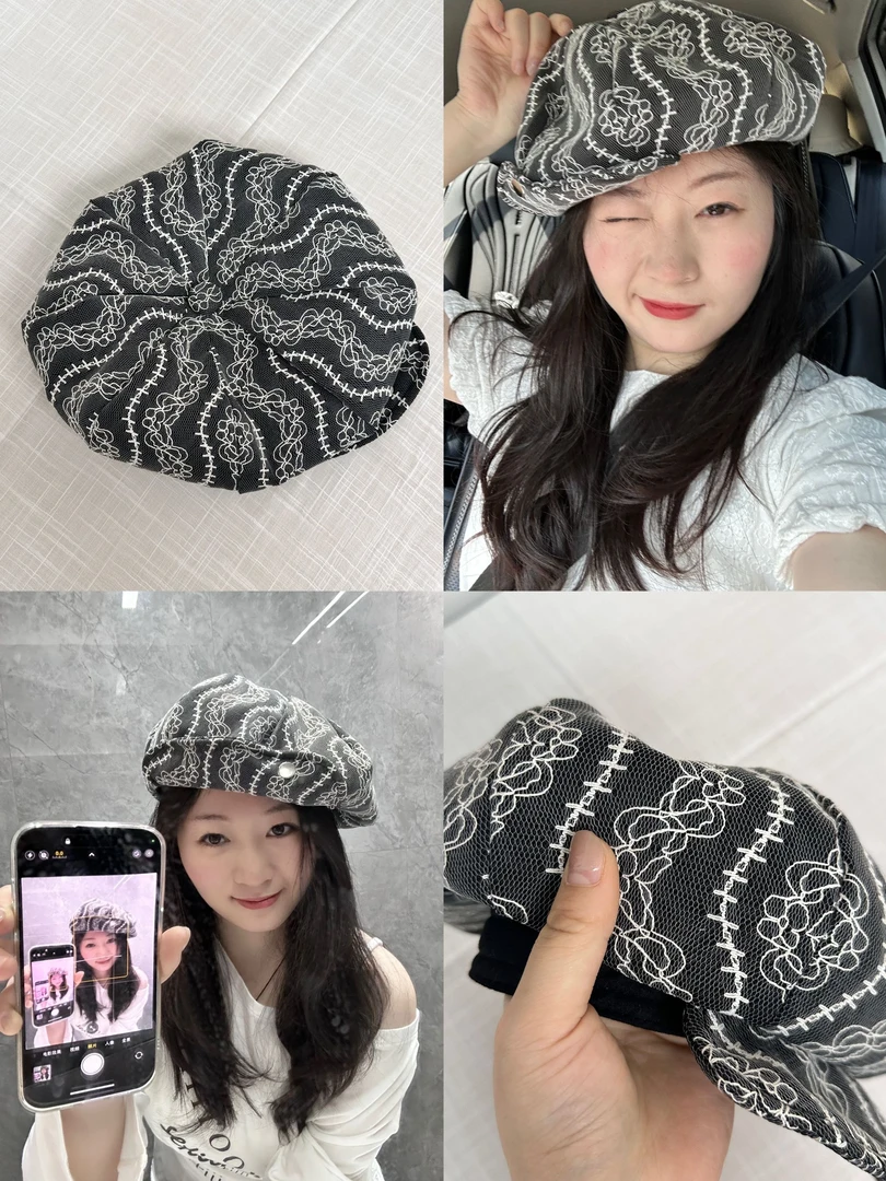 伊的复古刺绣贝雷帽小众女春夏新款画家帽薄方圆脸推荐百搭大头围