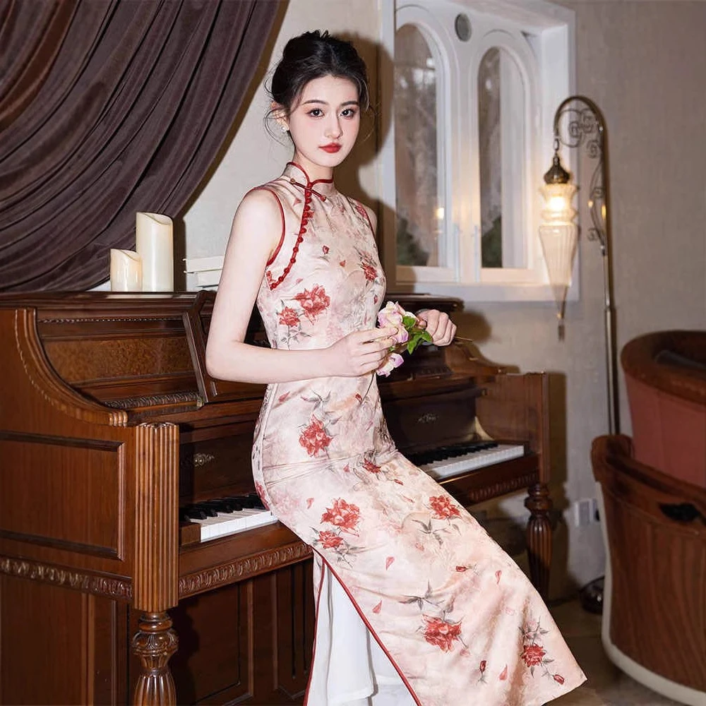 粉色旗袍年轻款2025少女订婚连衣裙新中式复古气质上班穿夏季无袖