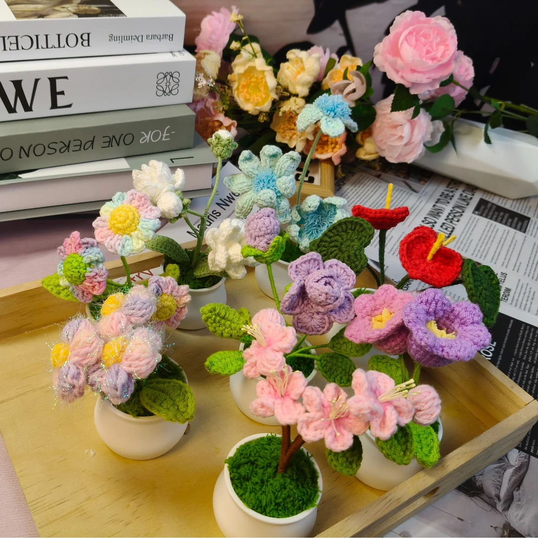 成品手工编织盆栽毛线钩织花束伴手礼物家居摆件针织仿真花永生花