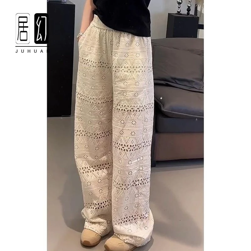 居幻大码夏季薄款高腰蕾丝镂空拖地阔腿裤女胖mm宽松休闲直筒裤子