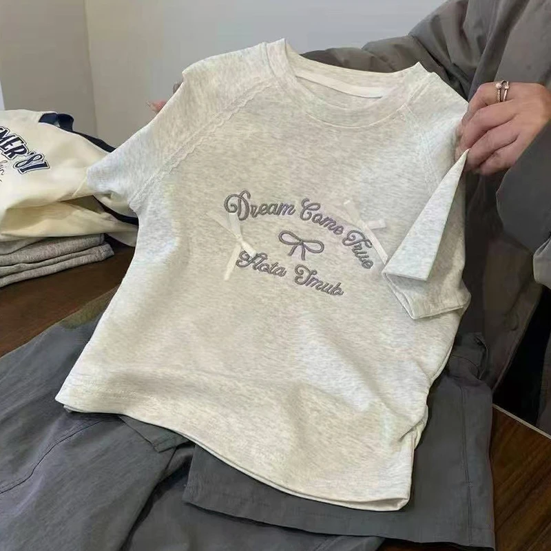 女童短袖T恤夏季2025新款儿童百搭上衣韩版女孩蝴蝶结刺绣打底衫