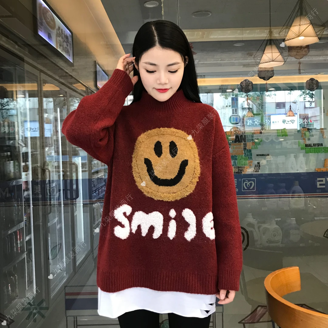 红色慵懒风加厚假两件套头毛衣时尚韩版笑脸拼接针织上衣多色百搭