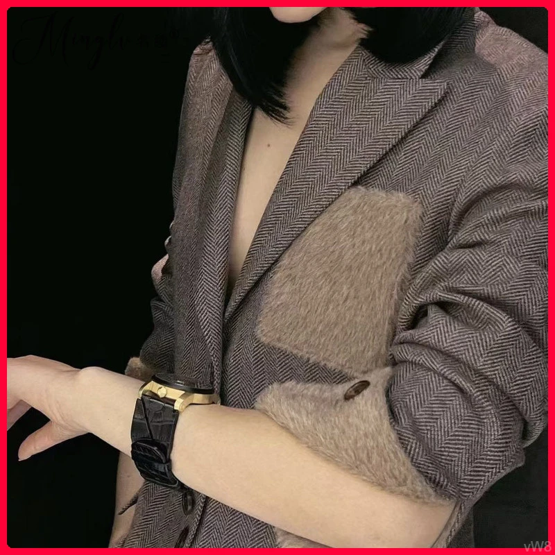 名缕品牌轻奢设计感西装套装2025冬人字纹收腰西装阔腿裤两件套