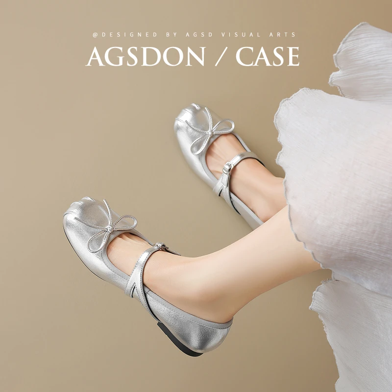 ~奥古狮登平底单鞋女2025夏季新款蝴蝶结一字带银色玛丽珍女鞋子W