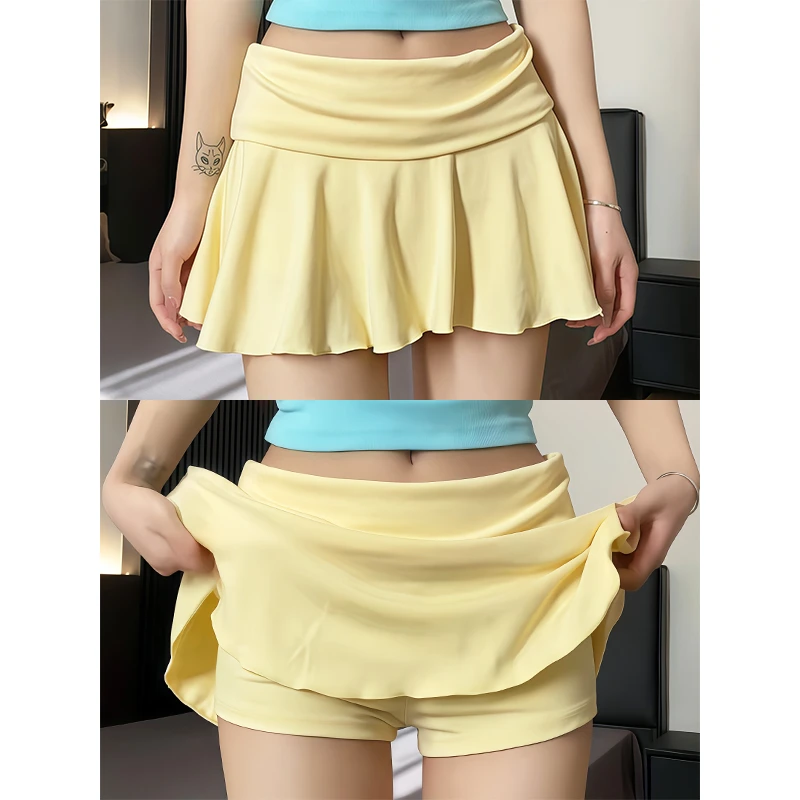 黄色运动网球裙女夏季2025新款高腰显瘦百褶裙美式辣妹防走光短裙