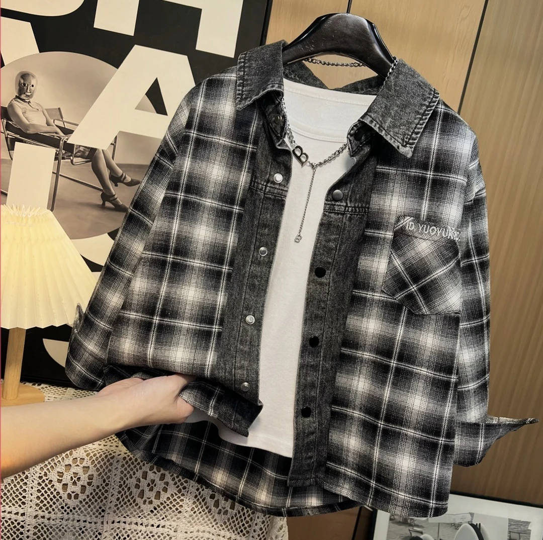 复古街头风~男童秋季韩系牛仔领拼接复古格纹衬衫式外套S10295