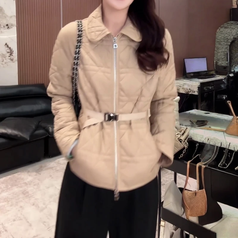 2025冬季新款极简风通勤休闲菱格棉衣女小个子显瘦翻领棉服短外套