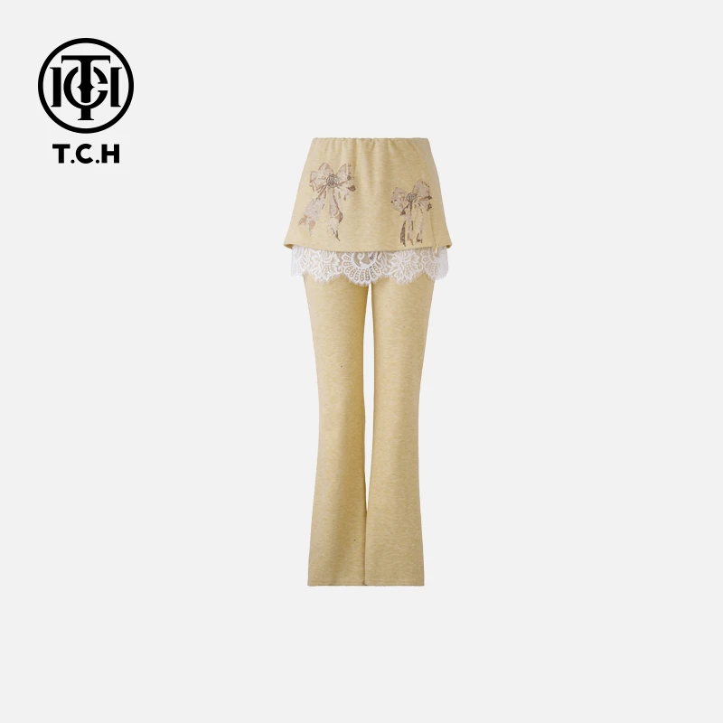 TCH现货私服烫钻工艺黄色时尚百搭休闲裤女T75A20E5082轻奢tch