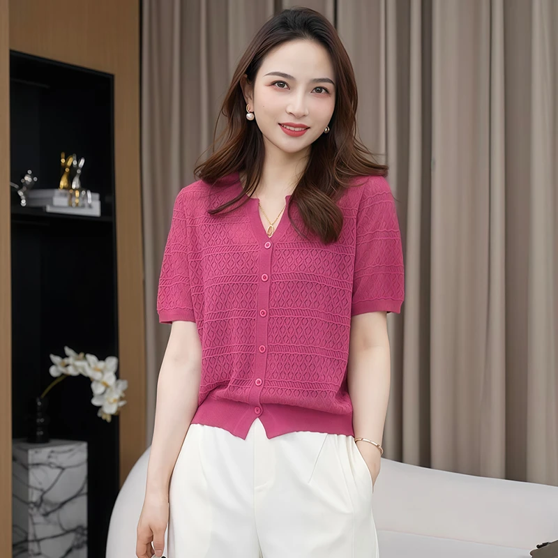 镂空设计感时尚洋气短袖针织衫女2025年夏季新款小v领显瘦上衣潮