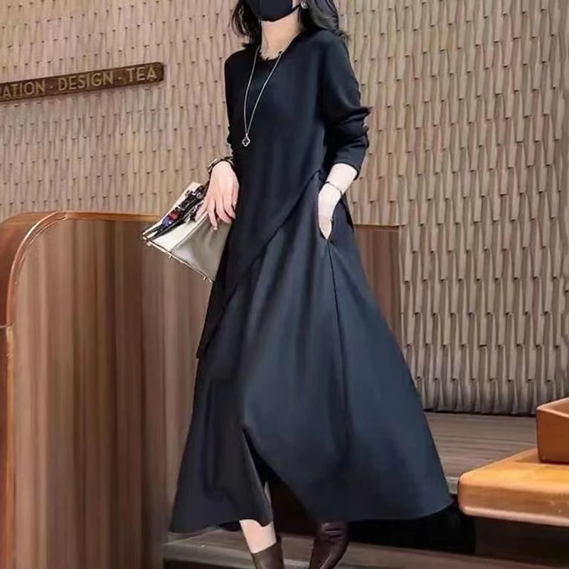 法式气质高级感黑色连衣裙女士早秋季大码洋气显瘦假两件欧货裙子