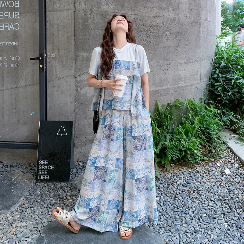 设计感吊带假两件上衣套装女2025夏季复古时尚印花阔腿裙裤两件套