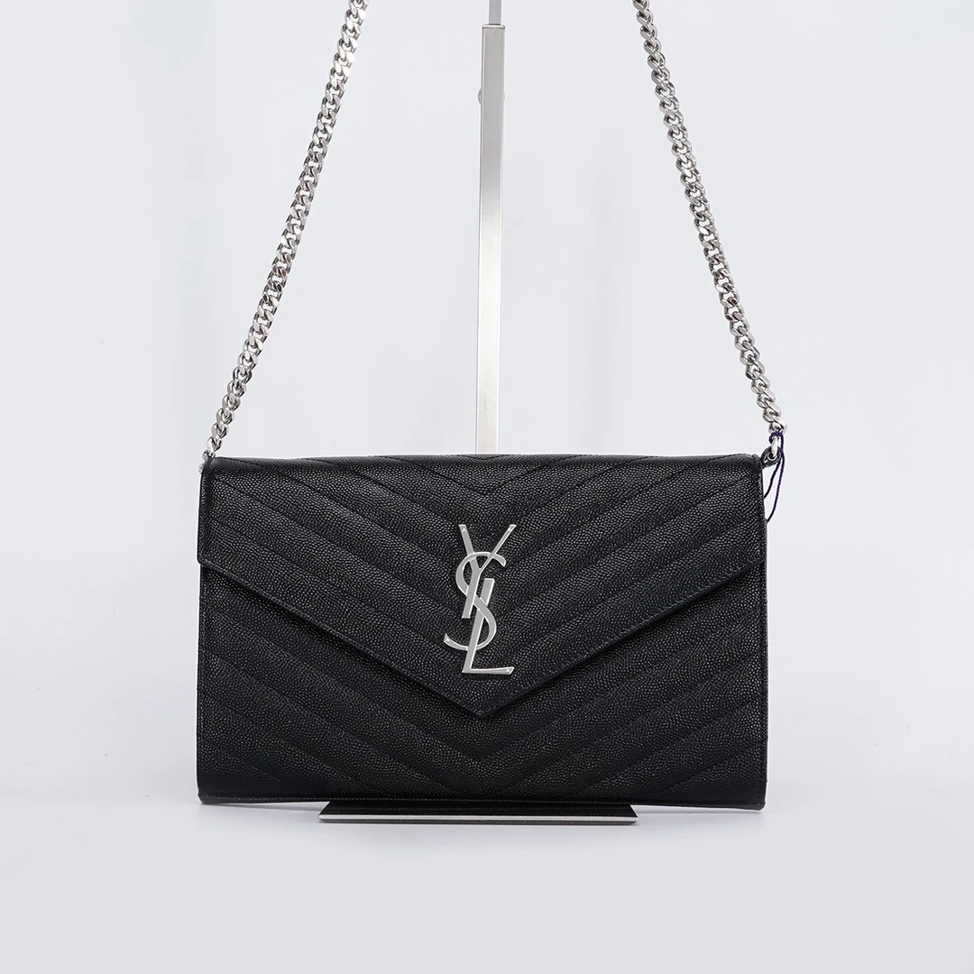 99新 YSL/圣罗兰 【白菜】信封包中号包鱼子酱黑银/BG22006658/98