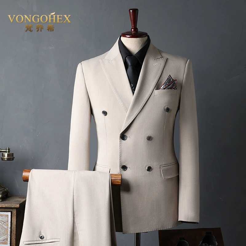 VONGOHEX西服套装男士英伦商务休闲双排扣西装三件套新郎结婚礼服