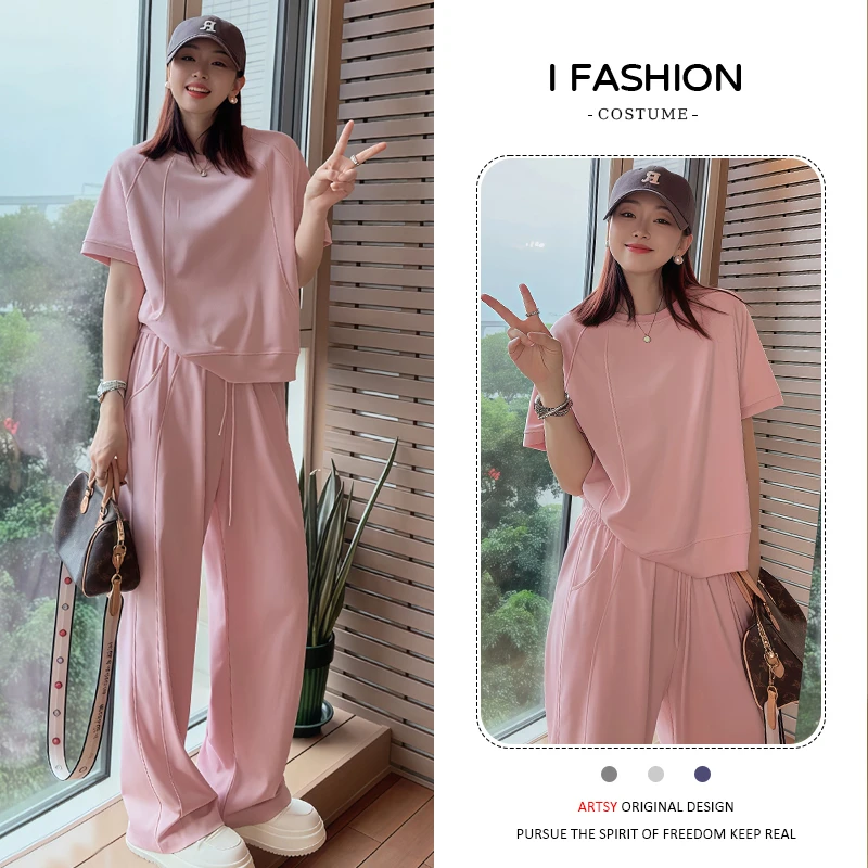 高含棉休闲运动服套装女2025年夏季新款时尚简约短袖阔腿裤两件套