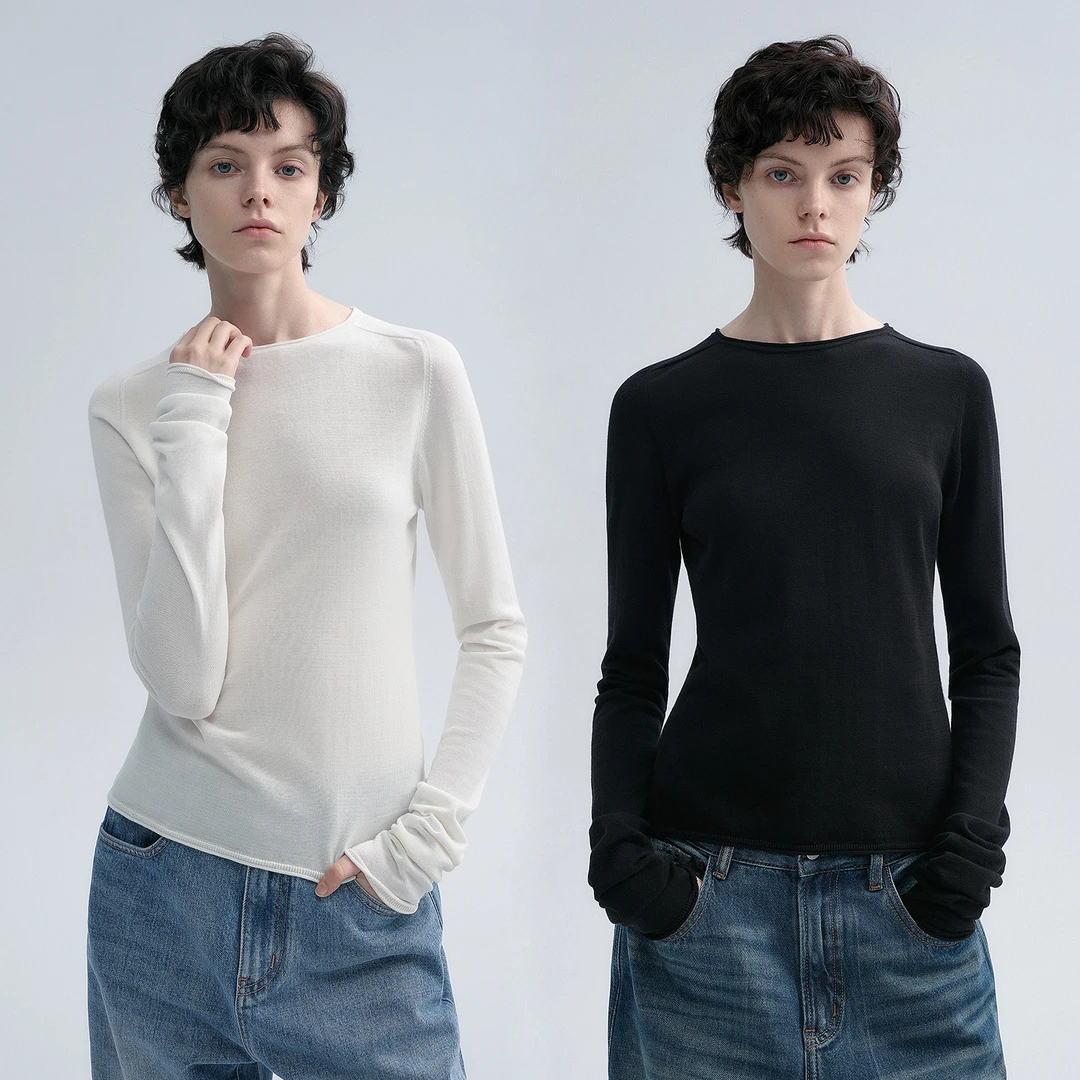 华吉言/HUAJIYAN【棉棉】全棉百搭收腰圆领长袖打底上衣