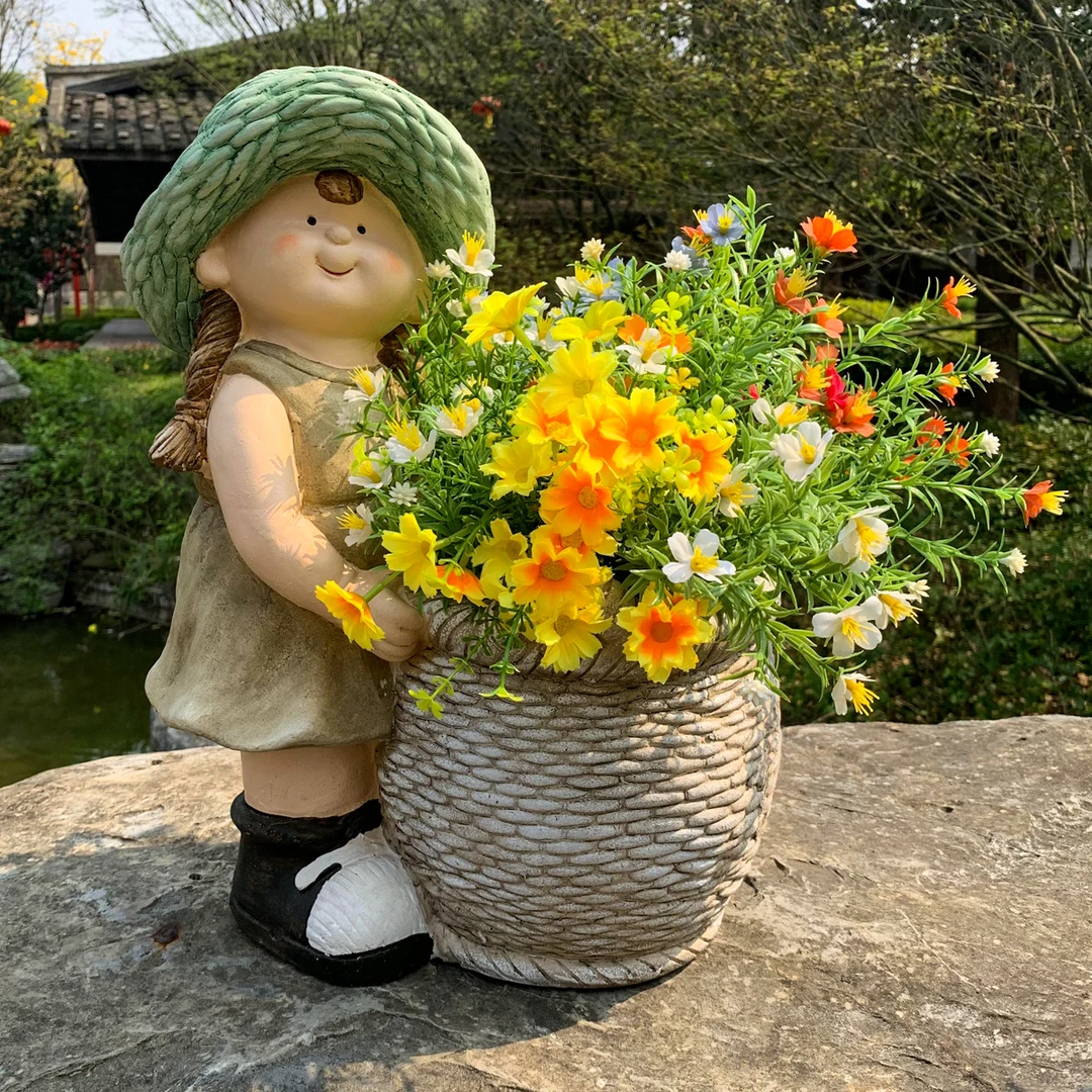 可爱卡通箩筐女孩花盆创意户外花园庭院装饰品摆件