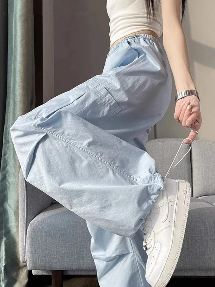 冰丝速干工装裤女夏季薄款高腰垂感休闲阔腿裤直筒宽松束脚运动裤