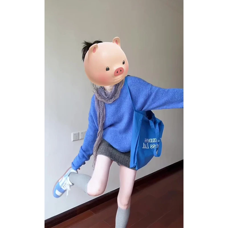 蓝色针织毛衣女款2025秋季新款早秋懒高级感外穿上衣半身裙包臀裙