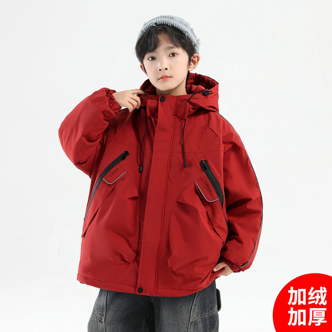 男童红色加绒加厚外套2026新款儿童秋冬装大童拜年服男孩冬季棉服