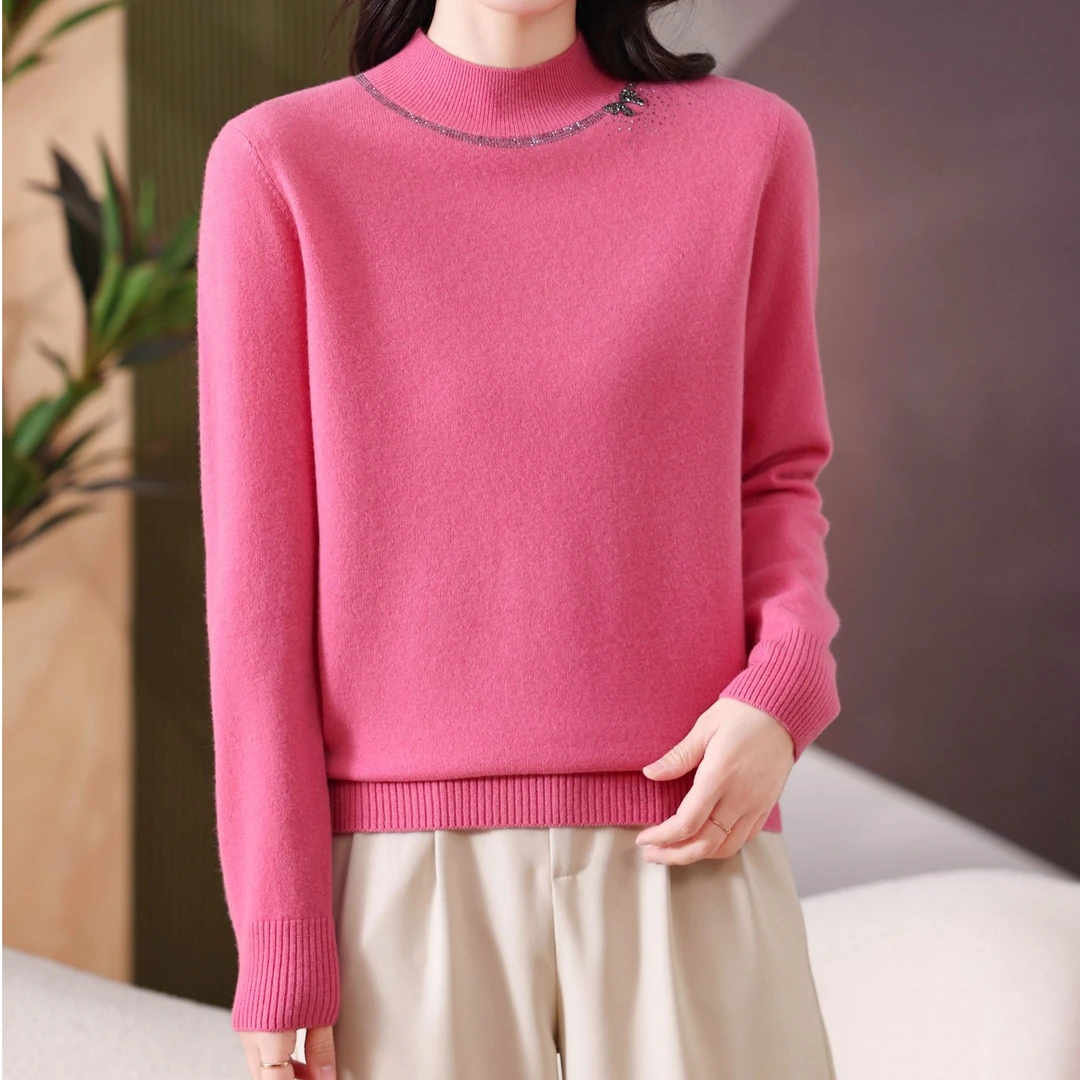 黛妍8077冬季新款100%羊毛洋气显瘦领口蝴蝶结半高领针织上衣