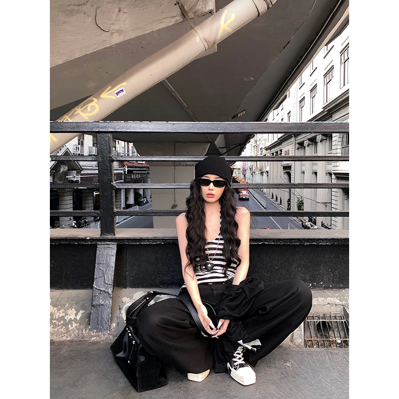 温柔 条纹挂脖露背吊带背心女夏季辣妹修身收腰显瘦显瘦