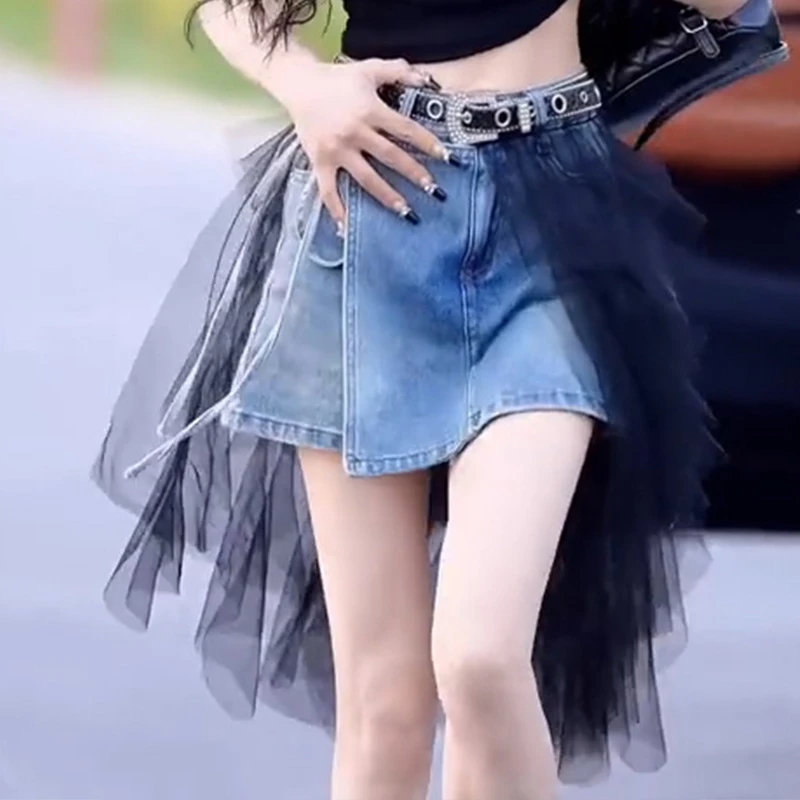 不规则设计感网纱裙拼接高腰百褶短裙裤减龄辣妹牛仔半身裙女