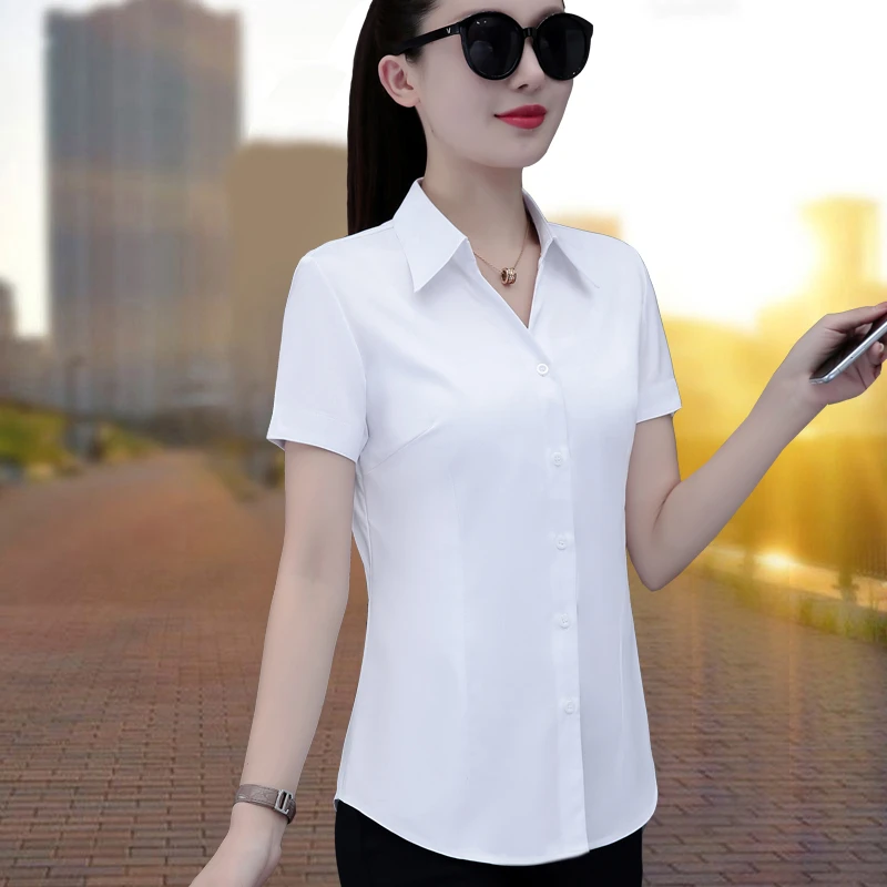 白色职业衬衫2025夏季新款短袖女韩版修身显瘦正装高档工作服衬衣
