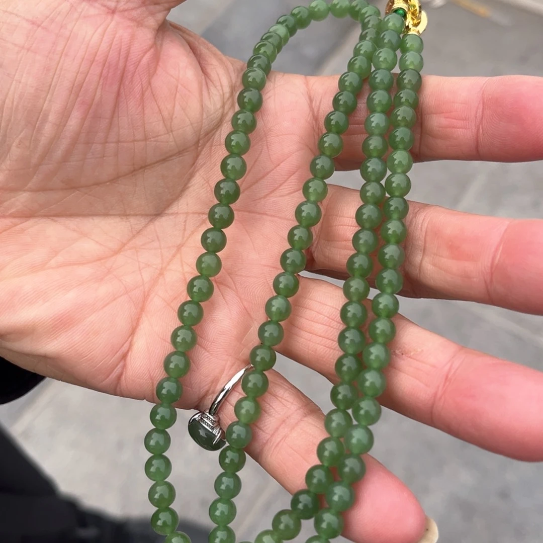 和田玉颈饰未镶嵌和田玉碧玉冰果绿6mm108无黑点项链