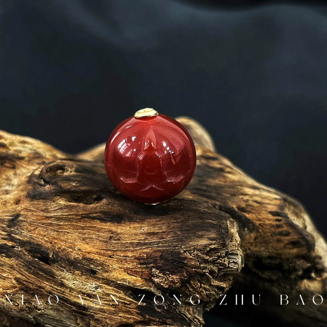 【小杨总珠宝】Y8128天然柿子红精雕莲花观音珠约13mm带贴片【1个装】