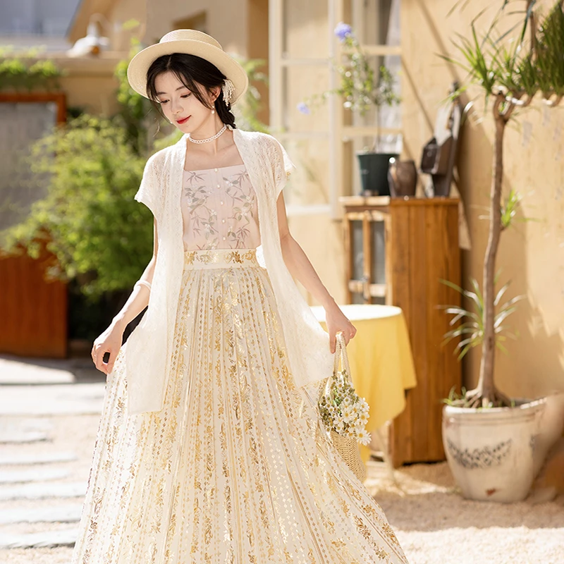 池夏【立夏:漱玉听香】宋制针织背心吊带烫金褶裙原创改良汉服 夏