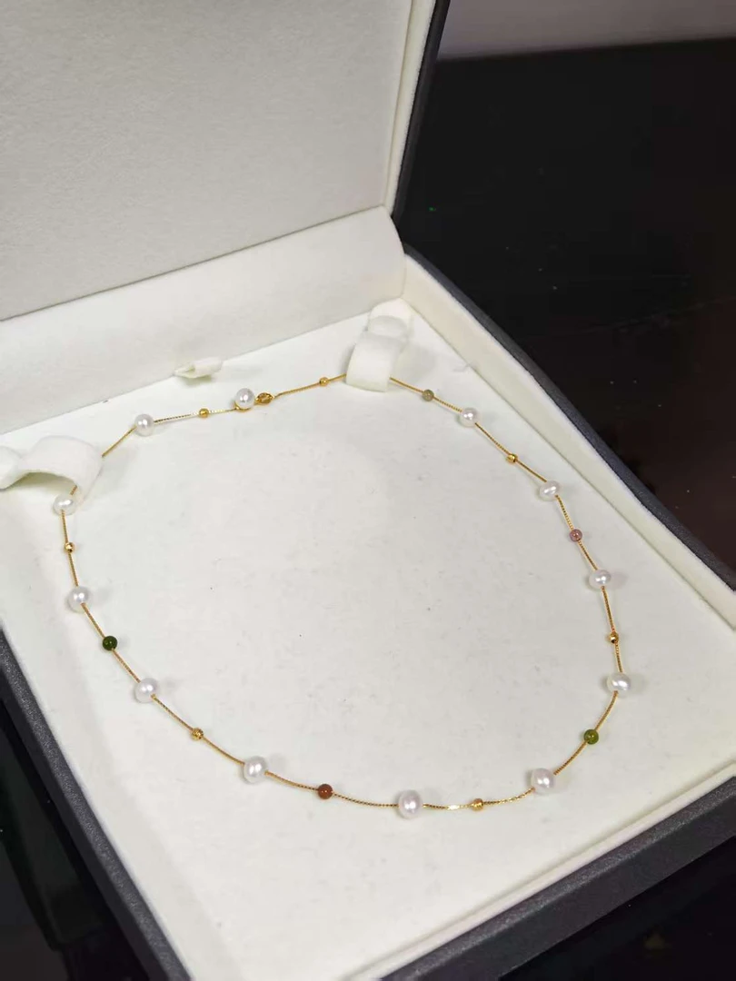 【福晶】碧玺淡水强光无暇珍珠满天星项链5-6mm